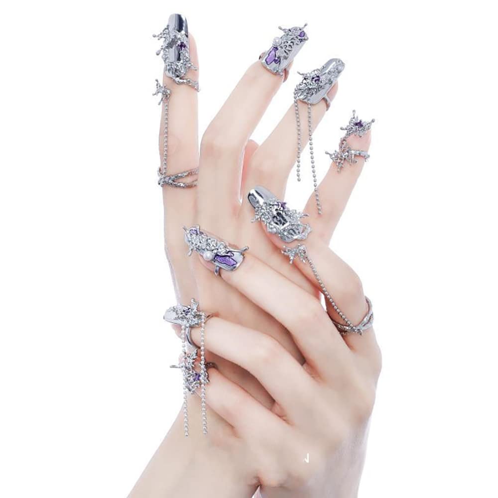 JZSMY 10Pcs Finger Tip Nail Rings for Women, Adjustable Open Circle Nail Art Charms Accessories, Irregular Fingertip Nail Armor Ring Punk Jewelry Set (Purple)