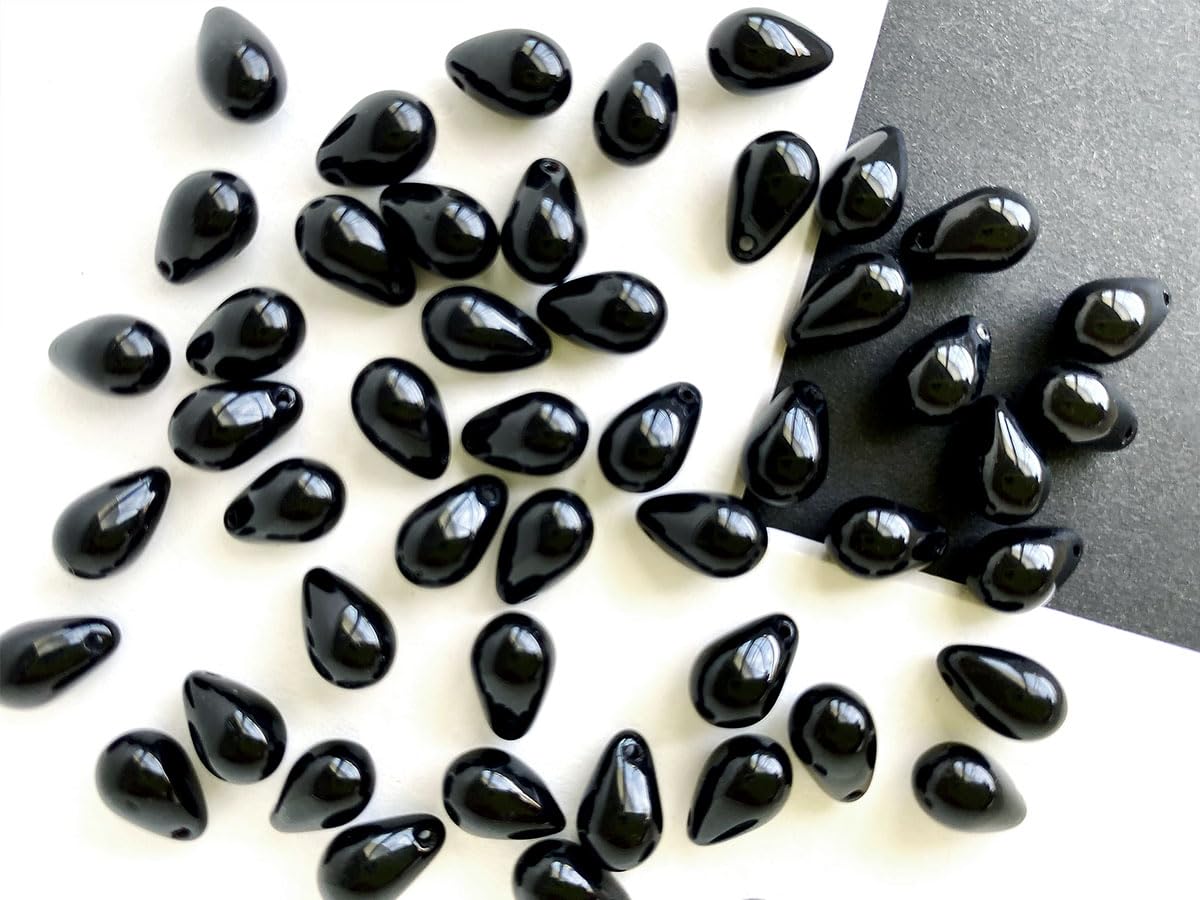 100 pcs Teardrop Shaped Beads 6x9 mm, Czech Glass, Jet Black