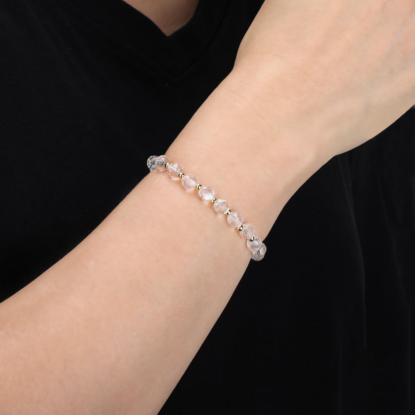 QOGIR Clear Quartz - Amplification - 14K Gold Plated Beads Natural Gemstone Stretch Elastic Dainty Healing Beaded Bracelets Gifts 6mm