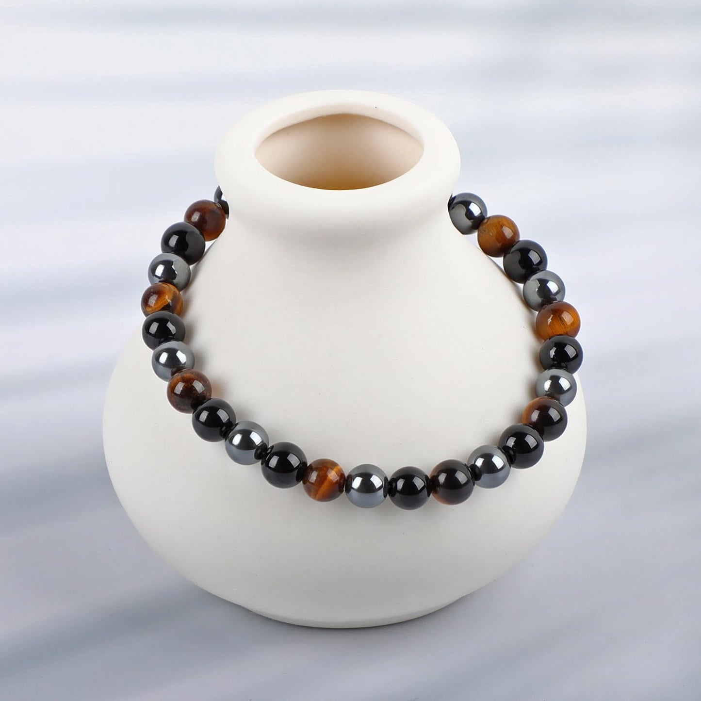 LPBeads Handmade Natural Gemstone Stretch Elastic 6mm Onyx Tiger Hematite Mixed Stone Bracelet Healing Crystal Round Stone Beads Jewelry Gifts for Women Men
