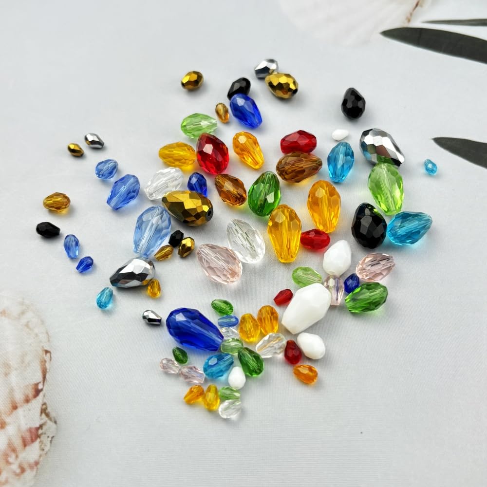 Xinhongo 340pcs Teardrop Crystal Glass Beads 3x5mm 4x6mm 6x8mm 8x12mm 10x15mm Vertical Hole Faceted Glass Spacer Beads for Necklace Bracelet Earrings DIY Jewelry Crafts(Blue)