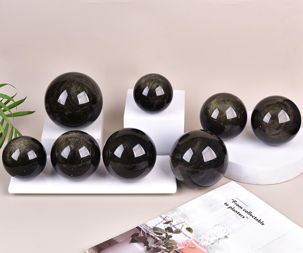 JIC Gem Large Golden Obsidian Crystal Sphere Quartz Crystal Ball with Stand Healing Ornament Witchcraft Meditation Home Decor 3.1-3.5 inch(80-90mm)