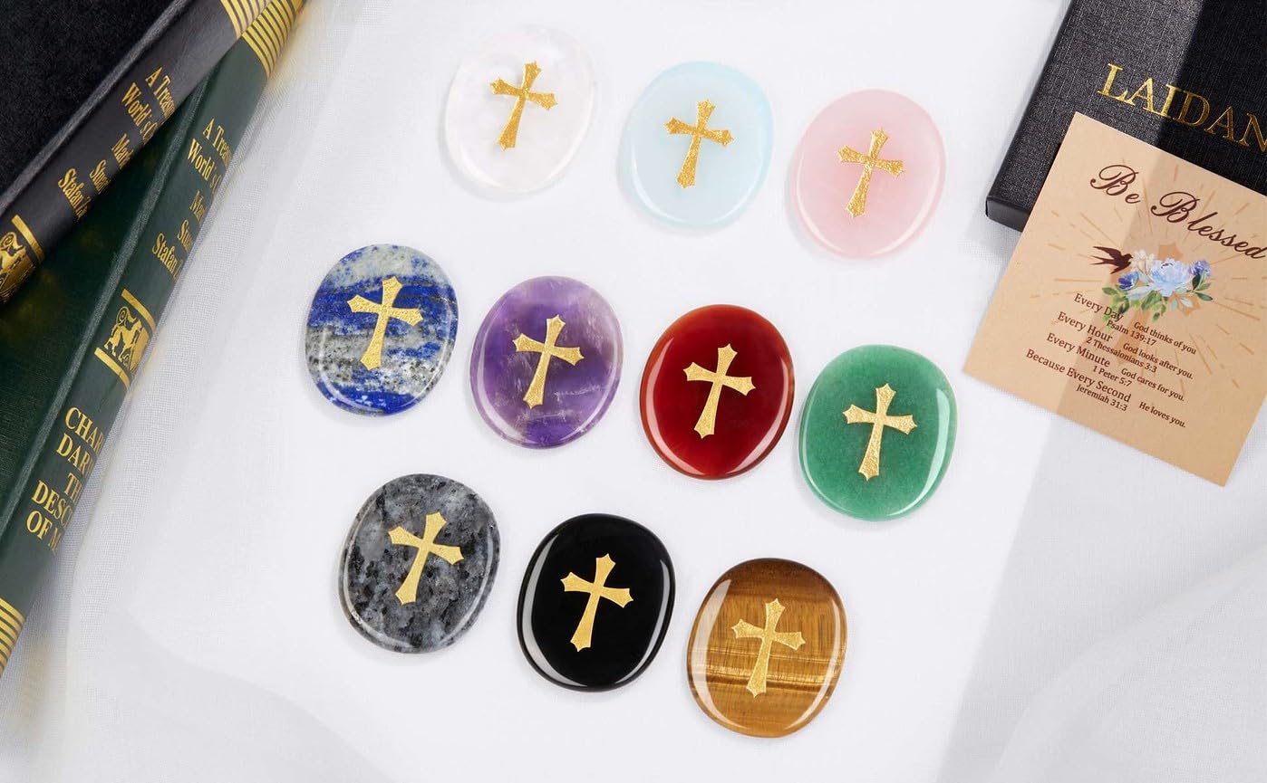 LAIDANLA Black Obsidian Cross Engraved Healing Crystal Worry Stones for Pray Faith Anxiety Relief Oval Palm Stone Polished Natural Crystal Gifts