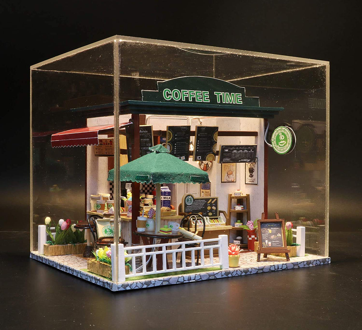 Flever Dollhouse Miniature DIY House Kit Creative Room with Furniture for Romantic Valentine's Gift (Time Cafe)