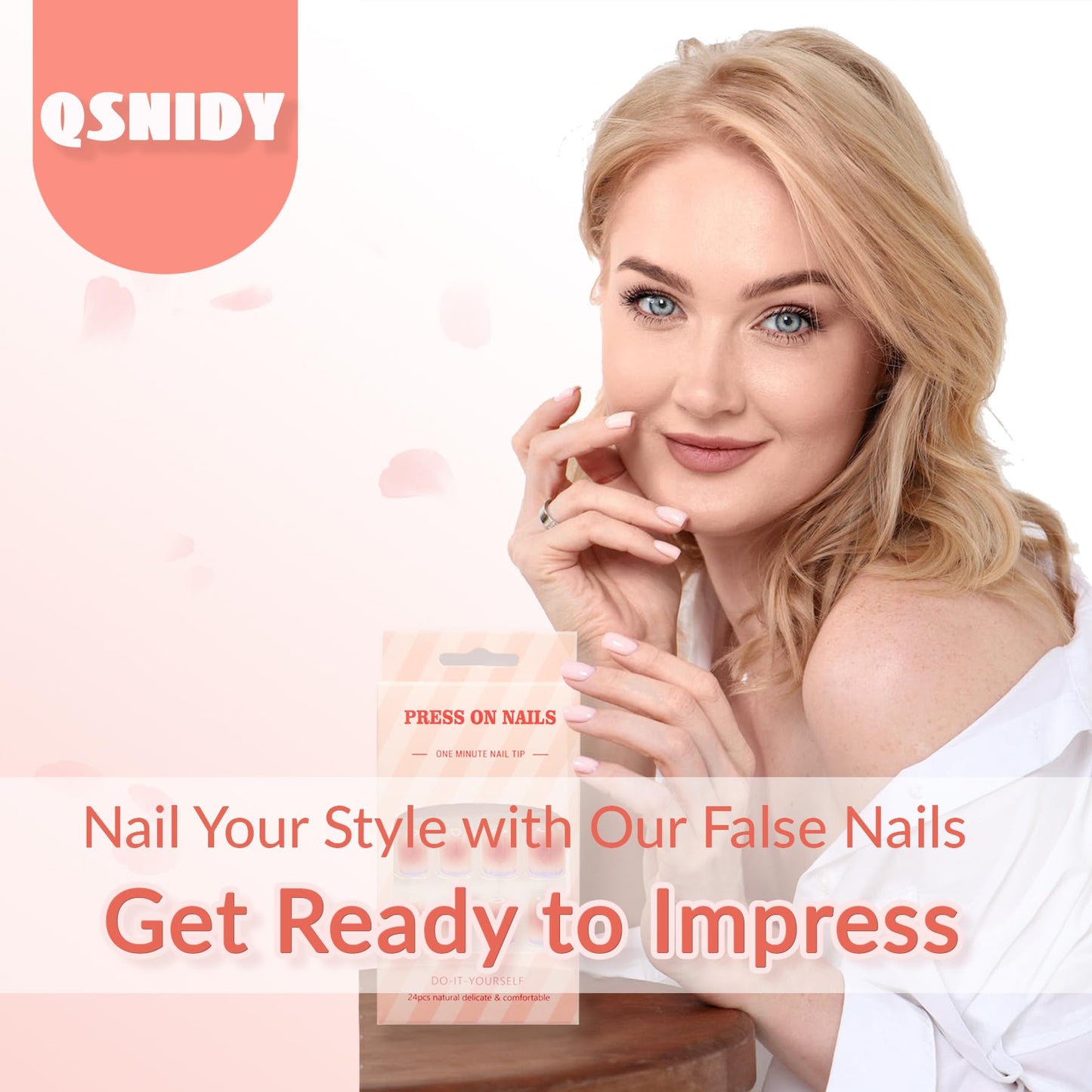 Qsnidy Press on Nails Square - White French Pink Fake Nails Medium Acrylic Glossy Full Cover Stick On Nails for Women and Girls Daily Wear, Natural Fit Glue on Nails in 12 Sizes - 24 Nails Kit