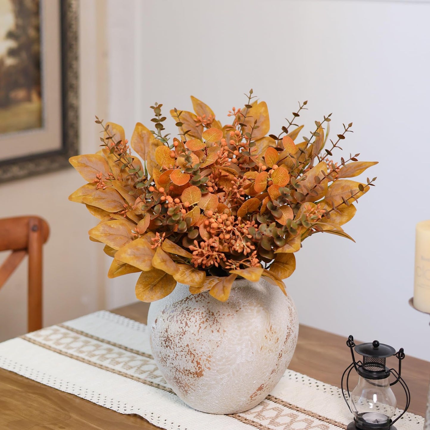 120 Pcs 5 Kinds Mixed Artificial Eucalyptus Leaves Stems and Fake Berry Bulk for Fall Decorations,Faux Plants Bundle for DIY Bouquets Floral Arrangement Wedding Engagement Party Autumn Decor (Orange)