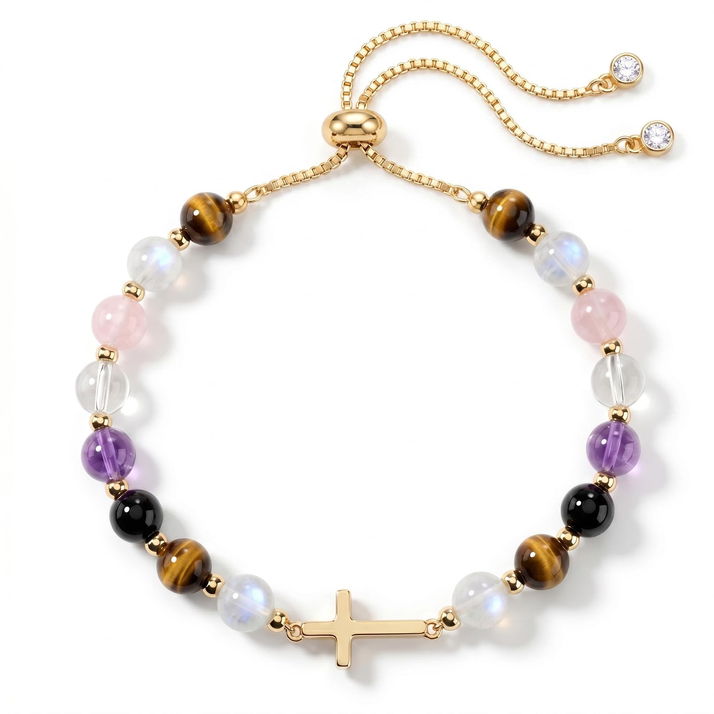 Aghfacy Daughter Gifts from Mom Cross Bracelet Natural Gemstone Crystal Bracelet Gold Cross Charm Christian Gifts for Daughter Birthday Adult Adjustable with Message Card
