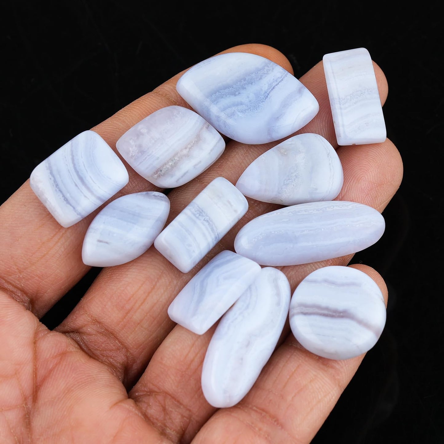 GemSymphony Natural Blue Lace Agate Gemstone Cabochon Pack of 3 Mixed Shapes – Polished Crystal Stones for Jewelry Making Supply, Healing, Reiki & DIY Crafts, Natural Gem Cab Set for Wire Wrapping & Energy Work (Blue Lace Agate)