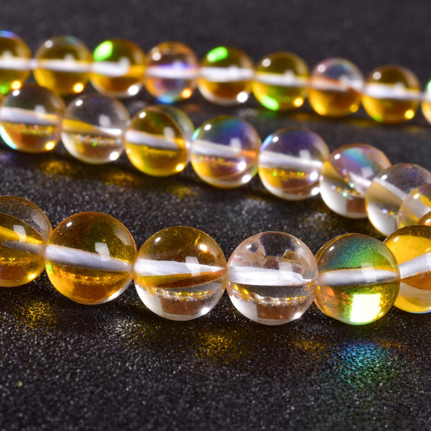 Asingeloo 60PCS 6mm Yellow Angel Aura Round Gemstones Polished Mermaid Aura Moonstone Beads Smooth Stone Loose Beads Crystal Quartz for DIY Jewelry Making 1 Strand 15”