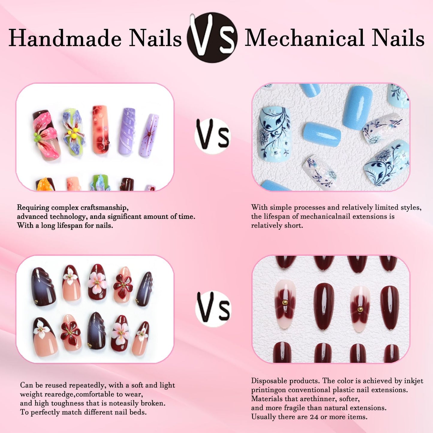 10 Pcs Handmade Duck Press on Nails 3D Art Flower Fake Nails with Golden Pearl Design Reusable Artificial Acrylic False Nail for Women Girls DIY(Size M)