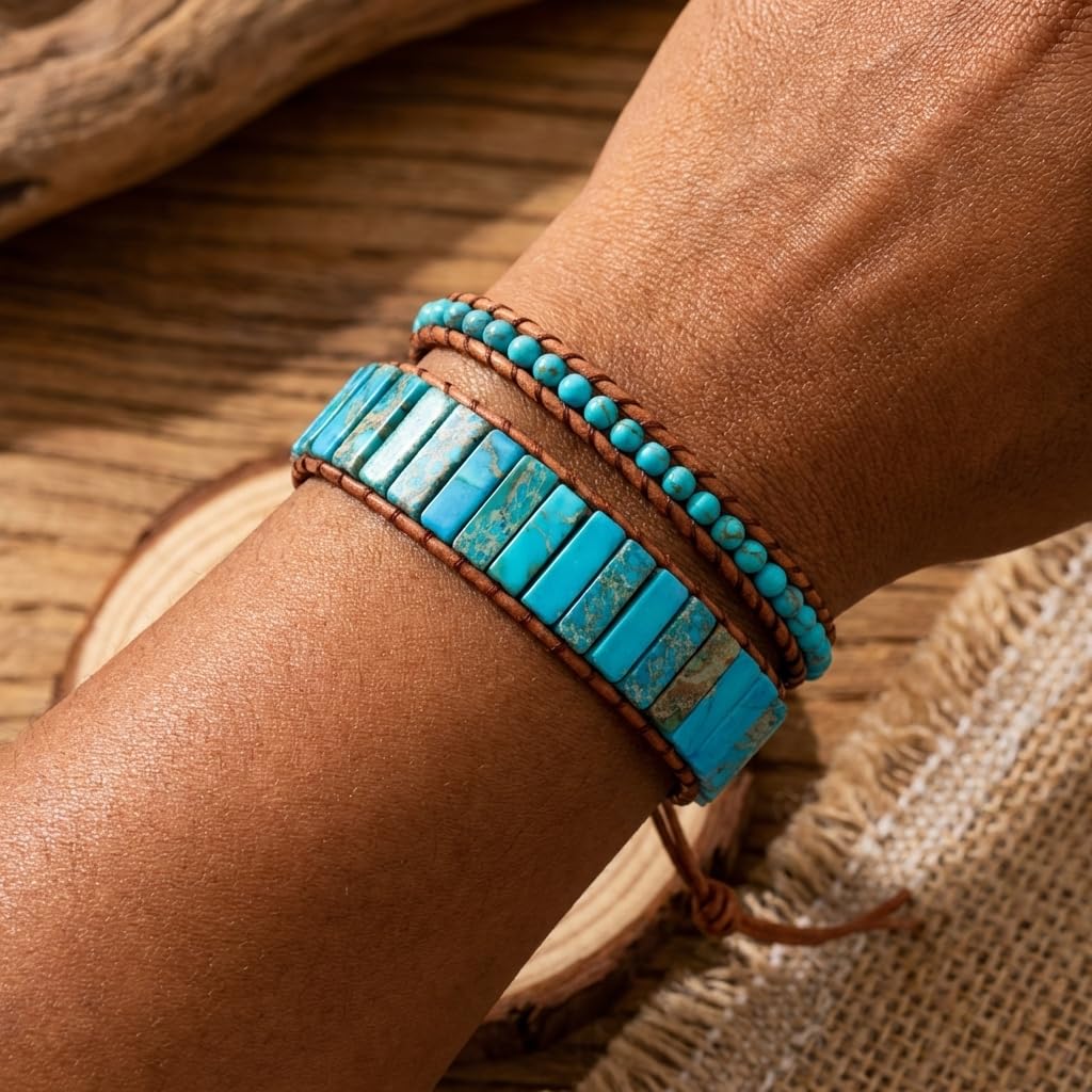 YGLINE Boho Handmade Natural Jasper Stone Healing Energy Bead Leather Wrap Bracelet Jewelry Collection