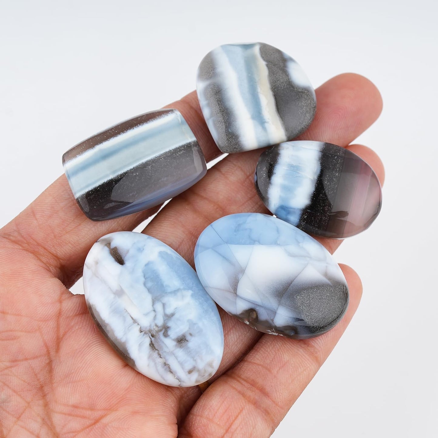 ColouredRocks (150+ carats. (5pcs.) BANDED BLUE OPAL, Mix Shape, Natural Cabochon Crystals, Loose Gemstone, Wholesale Polished Supply, Jewelry Making, DIY Craft, Gem Collection (25-30mm free size)