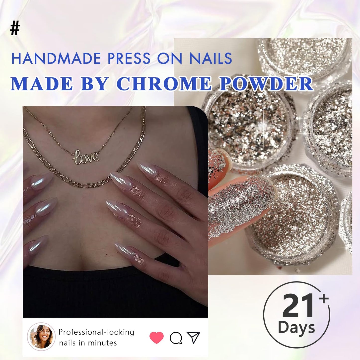 French Press On Nails Almond - KQueenest Ombre Lilac Chrome Press On Nails Medium, Sparkle Gel Fake Nails Press on with Mirror Effect, Natural Glue on Nails Medium, Stick On Nails for Women Daily Wear