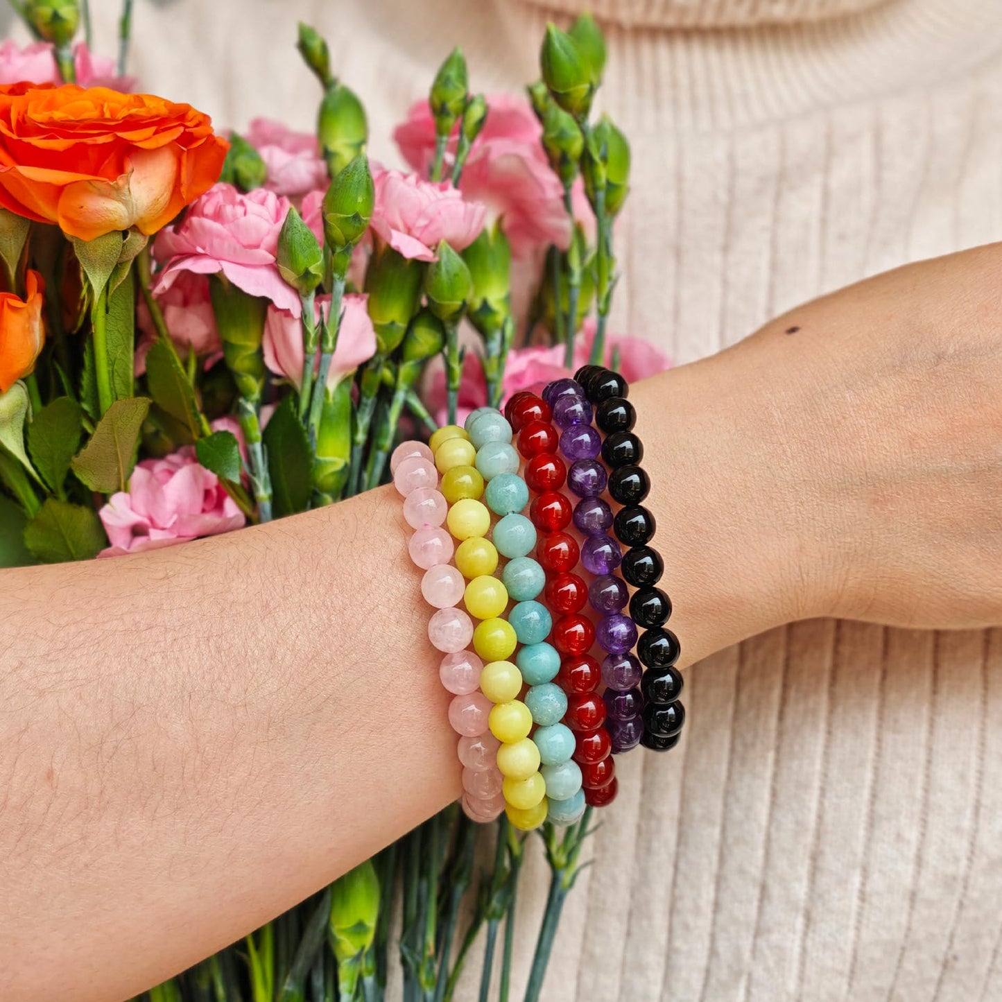 Handmade Natural Gemstone Elastic Bracelet - Healing Crystal Beads Jewelry, Unisex (Purple Lepidolite, 8mm)
