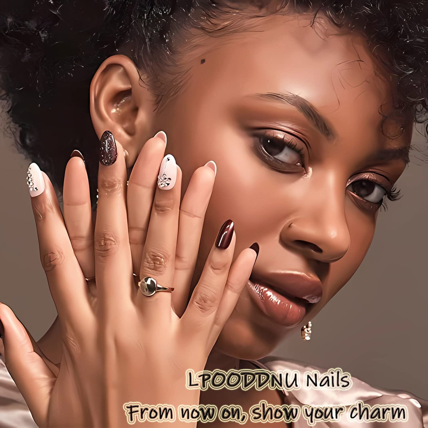 LPOODDNU Black White Press on Nails - Almond Medium French Fake Nails with Flower&Gold Bead Designs, Glossy Finished Reusable False Nails with Glue Tabs - 24Pcs Nail Kit for Women Manicure