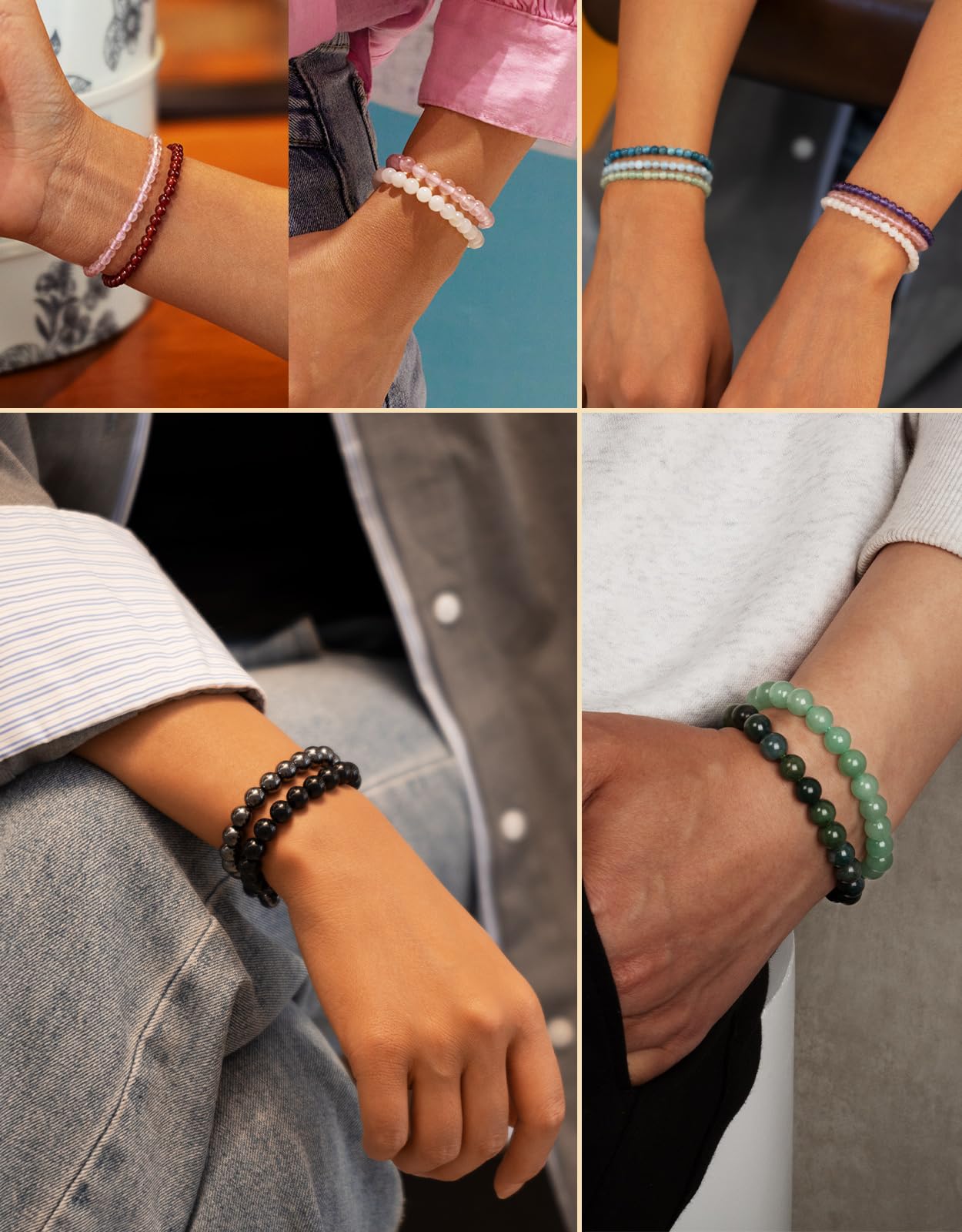 Landorilo Beaded Bracelet for Men Women, 8mm Natural Stone Indian Agate Healing Crystal Stretch Bracelets, Ideal Christmas Birthday Jewelry Gifts with Energy Card,Replacement Beads Included
