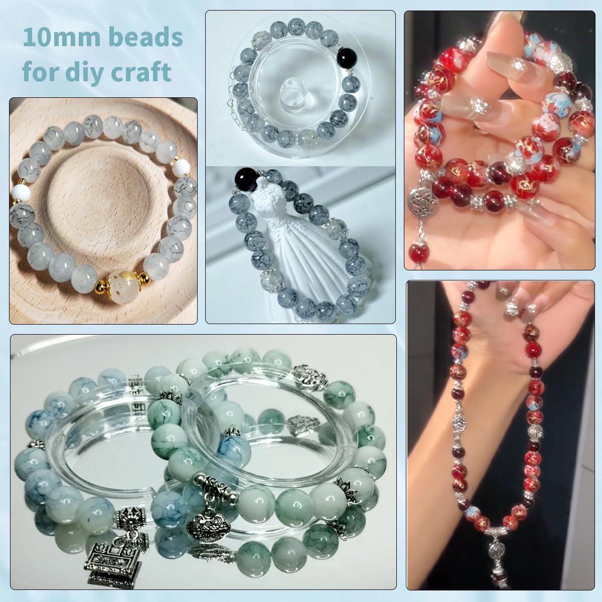 Pamir Tong 300PCS 10mm Gray Glass Beads for Jewelry Making,Round Smooth Beads, Bracelet Space Loose Beads for Earring, Necklaces, DIY Crafts & Gifts- Adult Craft Supplies