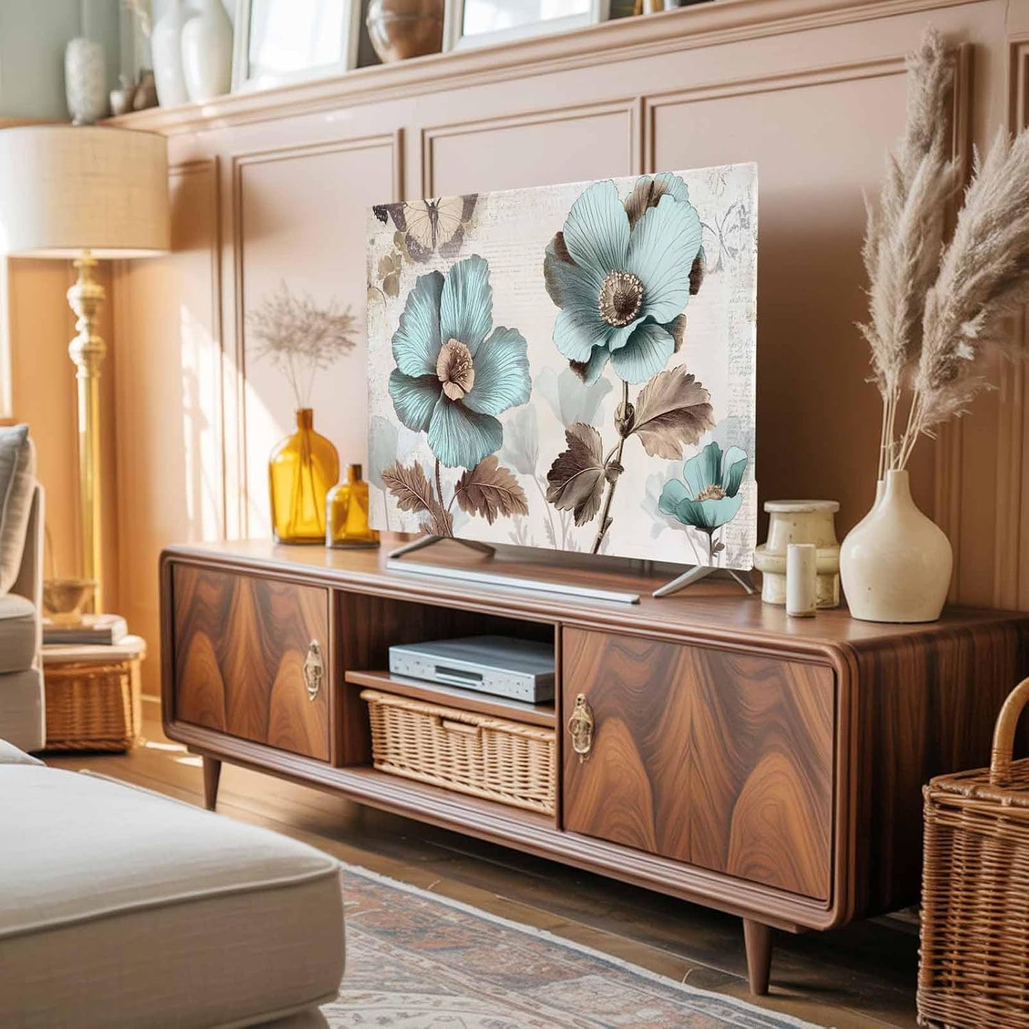 Singingin 85 Inch, Victorian Style Broccoli Butterfly TV Dust Cover Blue Flowers Plant Computer Monitor Cover Dustproof