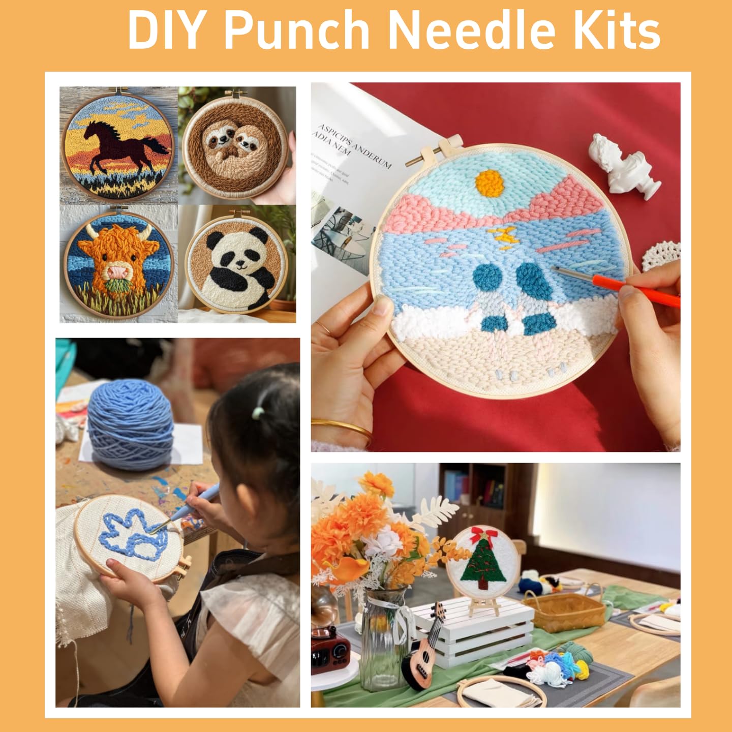 Punch Needle Kits Abstract Praying Angel White Wing Easy for Beginners DIY Punch Needle Yarn Starter Embroidery Set for Craft Lovers with Printed Pattern and Hoop for Home Decor 20x20cm(3)