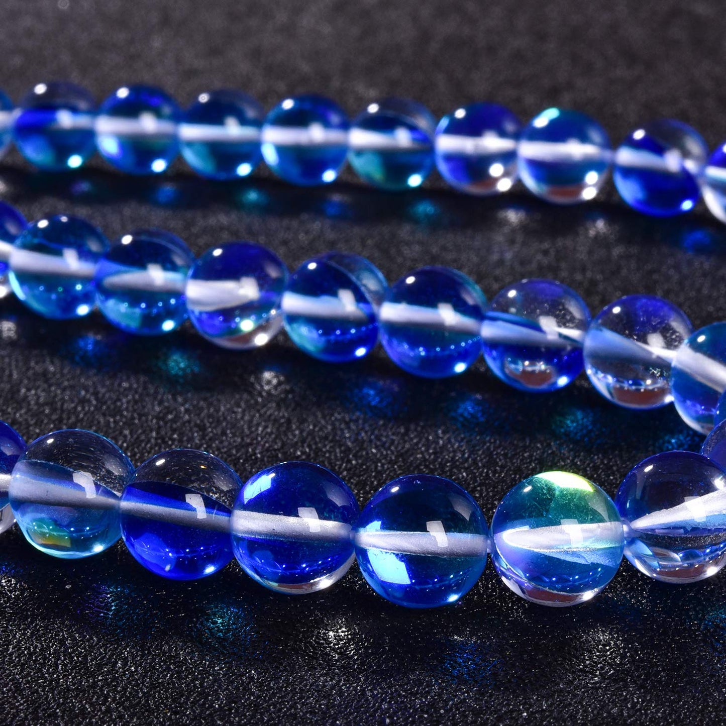 Asingeloo 38PCS 10mm Blue Angel Aura Quartz Round Gemstone Polished Mermaid Aura Moonstone Smooth Stone Loose Beads Crystal Quartz for DIY Jewelry Making 1 Strand 15'