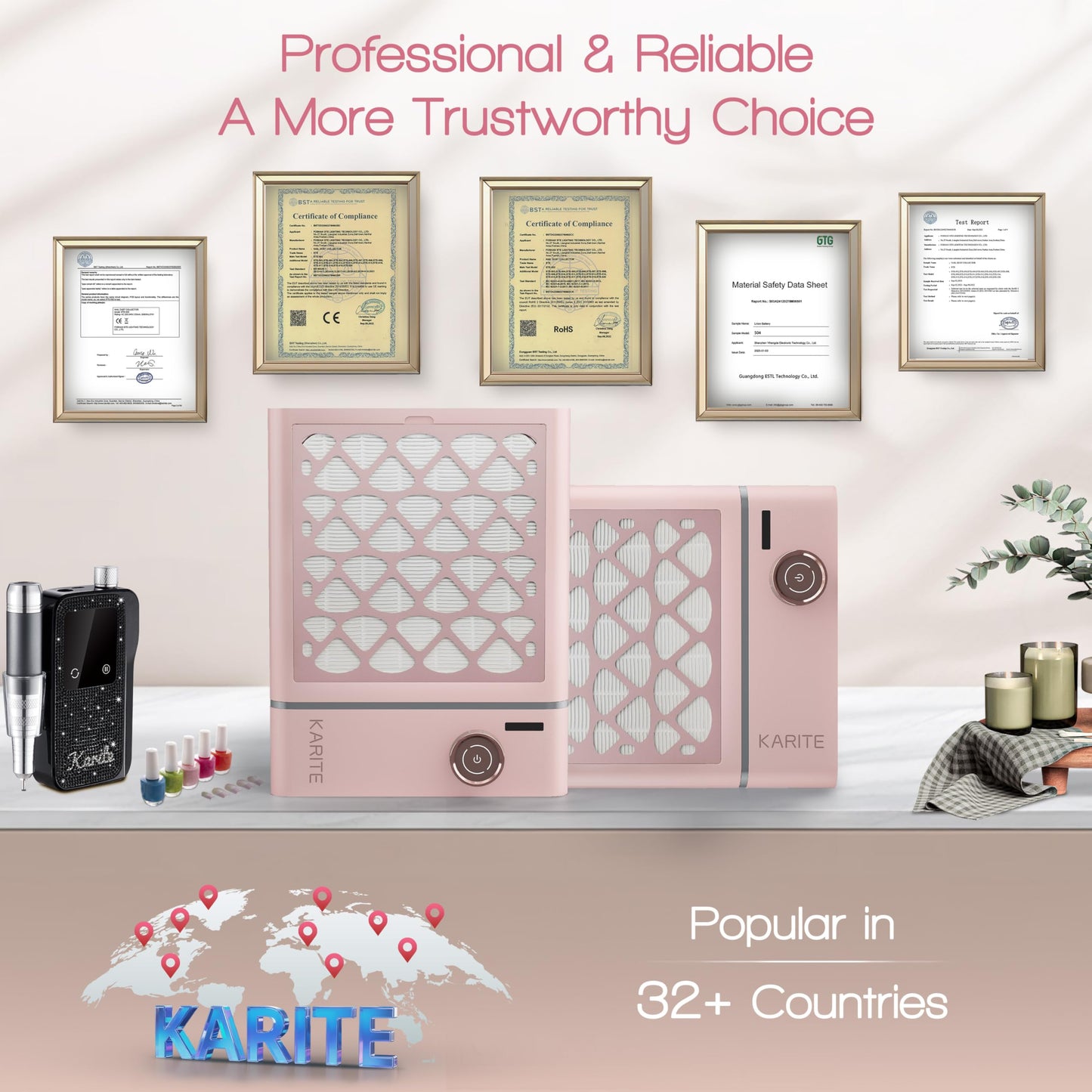 Karite Nail Dust Collector, Upgrade Vacuum Dust Collector with 30pcs Papers, 5000RPM Power Suction, 6000mAh Rechargeable Dust Collector Nail Tech, Cordless for Easy Use and Cleaning(Sakura Pink)