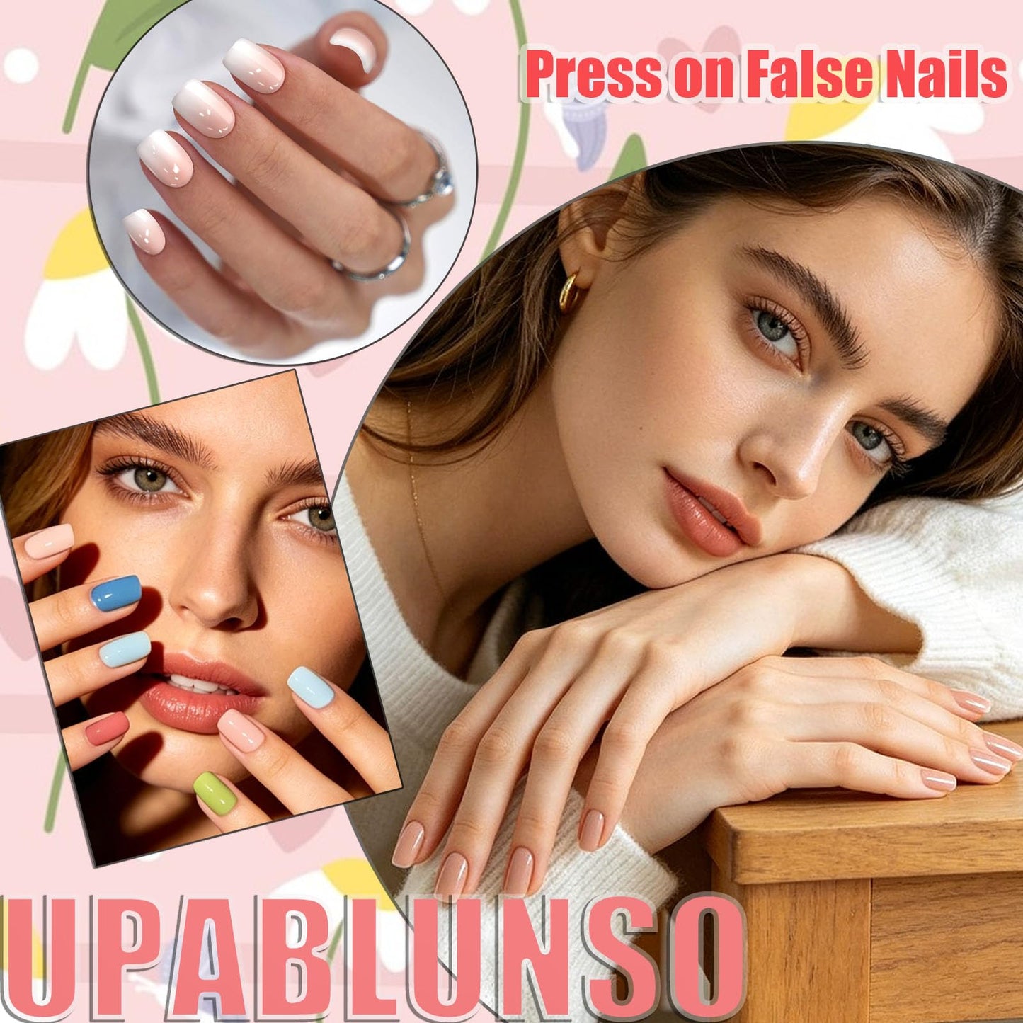 24Pcs Short Square Press on Nails Spring Summer Fake Nail False Nails with White Flowers Design Dark Green Acrylic Nail Press ons Pink Full Cover Manicure Set for Women Girls Fingertip Art