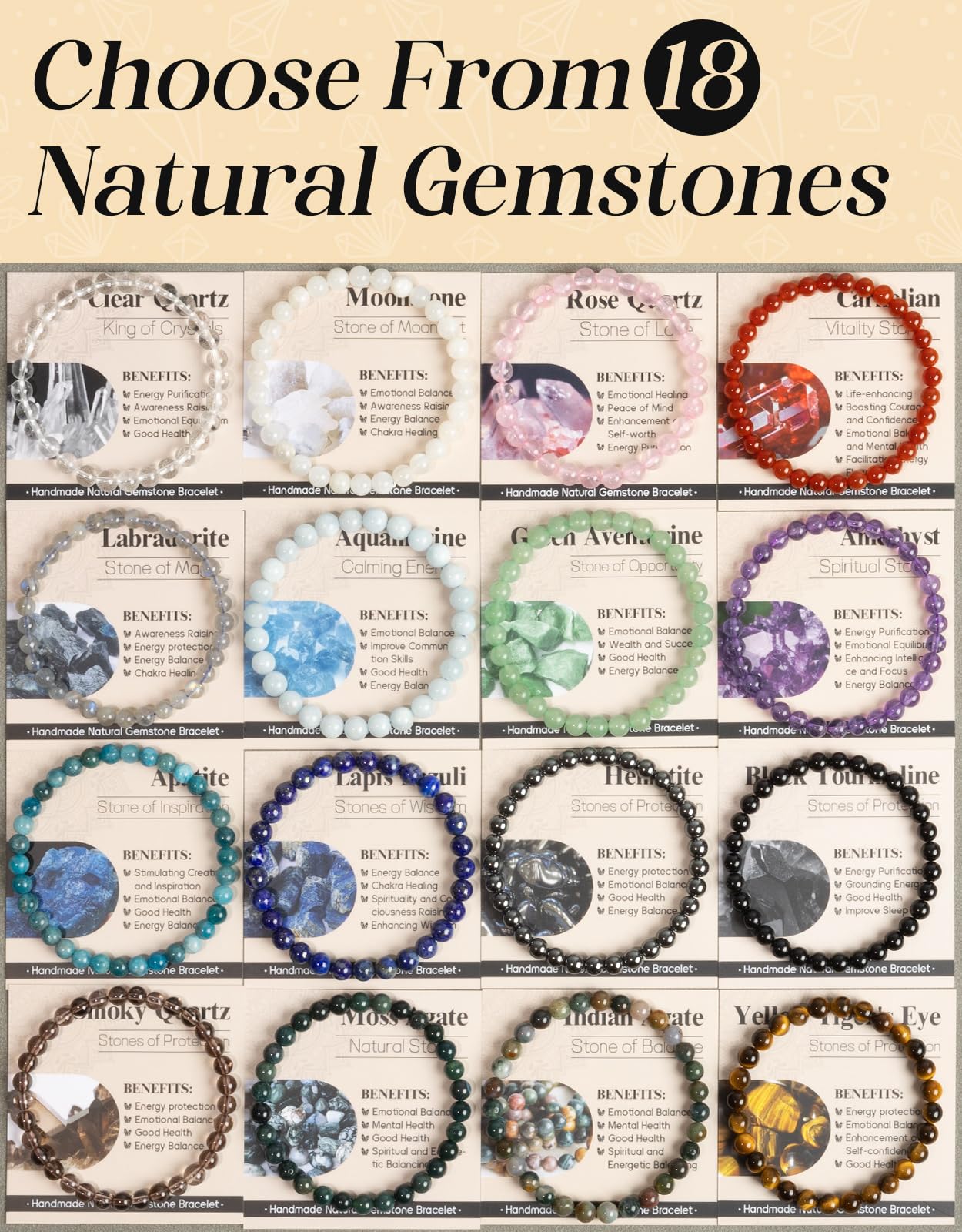 Landorilo Beaded Bracelet for Men Women, 6mm Natural Stone Black Tourmaline Healing Crystal Stretch Bracelets, Ideal Christmas Birthday Jewelry Gifts with Energy Card,Replacement Beads Included
