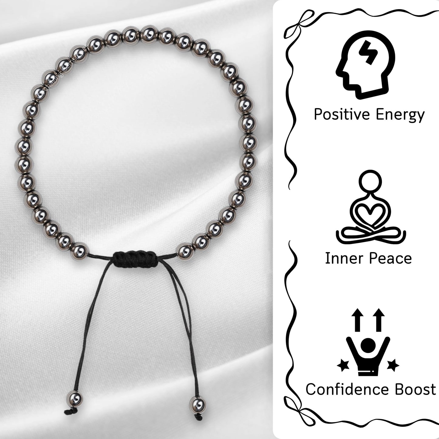 Amazing Gemstone Silver Hematite Anklet Ankle Bracelets for Women - Waterproof Beaded Healing Crystal Anklets, Plus Size Chakra Gemstone Bead Anklet (Stretchy Adjustable - Plain)