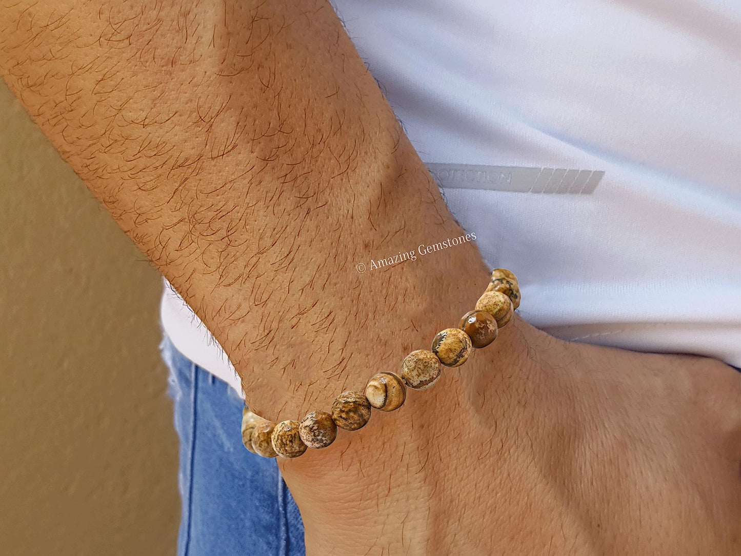 Amazing Gemstone Picture Jasper Bracelet for Women - Chakra Mens Bracelet Protection Crystals&Healing Stones - Blessing Bracelet Spiritual Meditation Gift (Faceted Beaded Bracelet)
