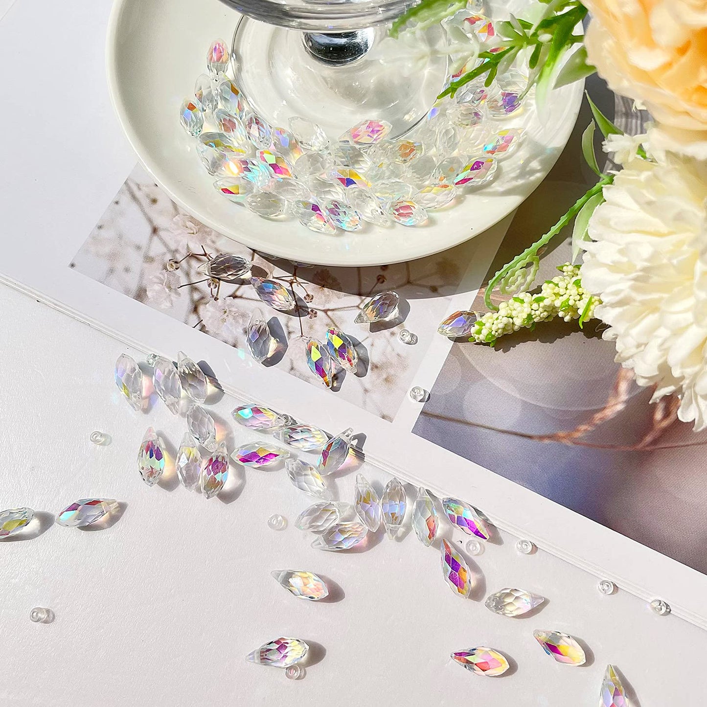 Hicarer 200 Pieces Teardrop Chandelier Crystal Pendants 6 x 12 mm AB Color Rainbow Crystal Beads for Chandelier Jewelry Making DIY Project Earring Necklaces Bracelets