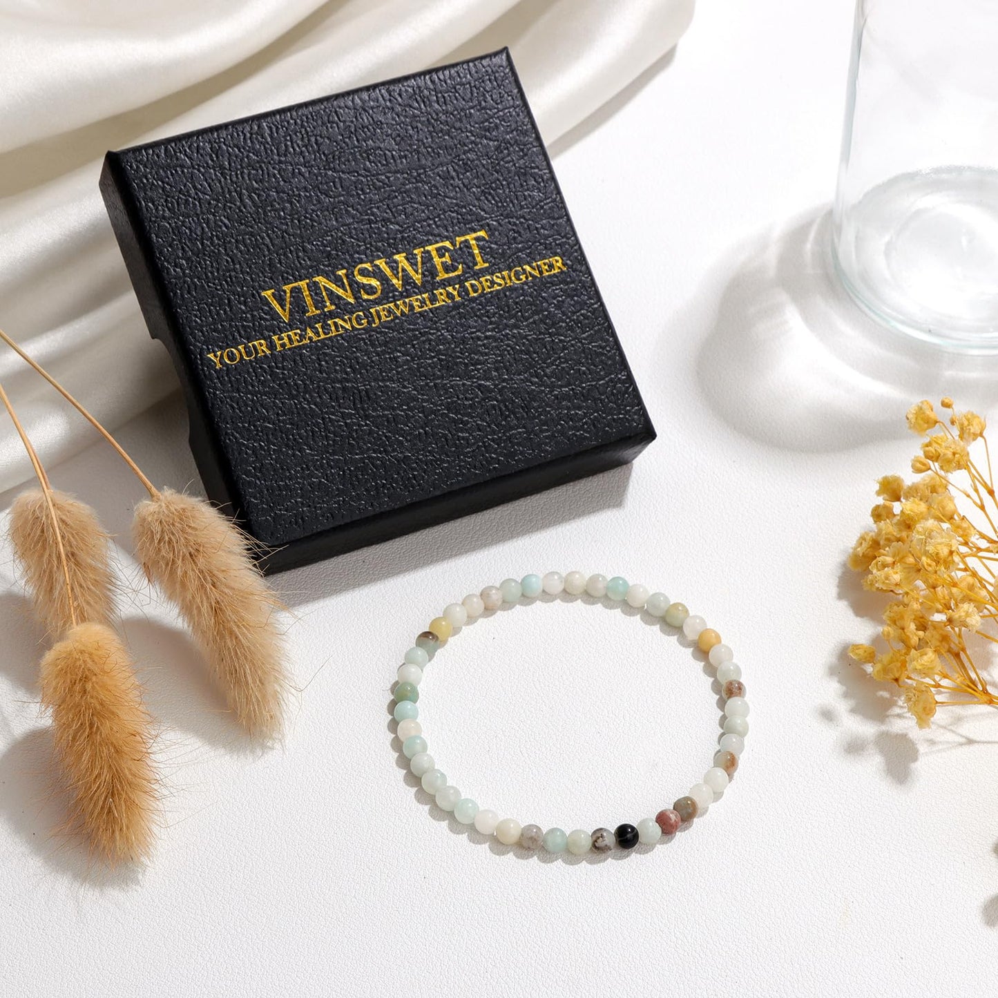 Vinswet Healing Crystal Bracelets for Women Men 4mm Amazonite Natural Stone Beaded Stretch Bracelet Handmade Gemstone Reiki Spiritual Jewelry Gifts