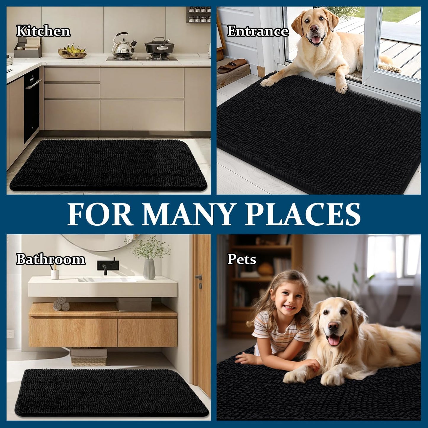 OLANLY Dog Door Mat - Absorbent Non-Slip Chenille Mat for Muddy Paws | 54x24 Inches, Quick Dry, Black