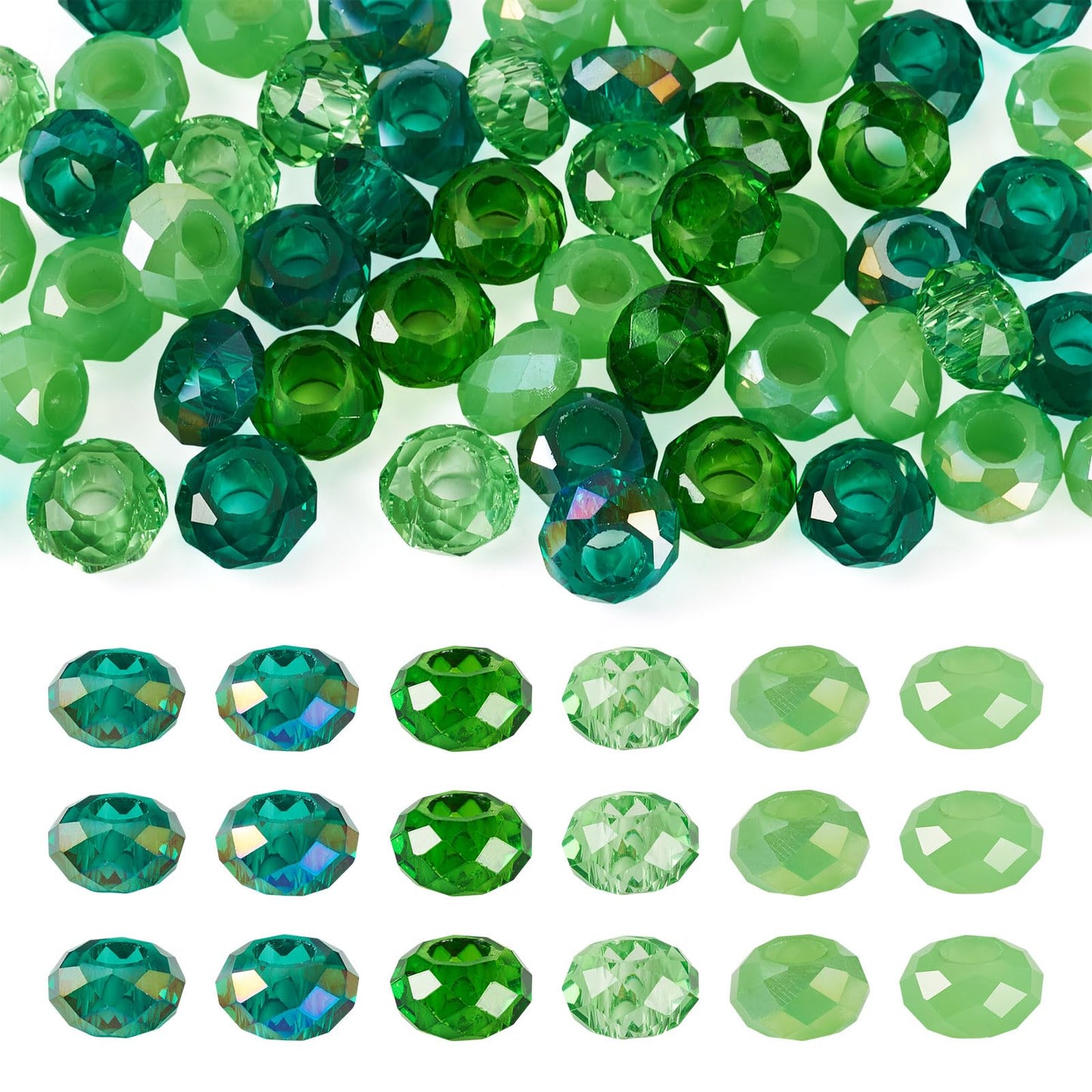 Craftdady 54Pcs Large Hole Loose Beads Colorful Faceted Glass Rondelle Green Bead Mixed Color Crystal European Beads 13-14mm for Jewelry Making DIY Grafts Pens Keychain, 6 Colors