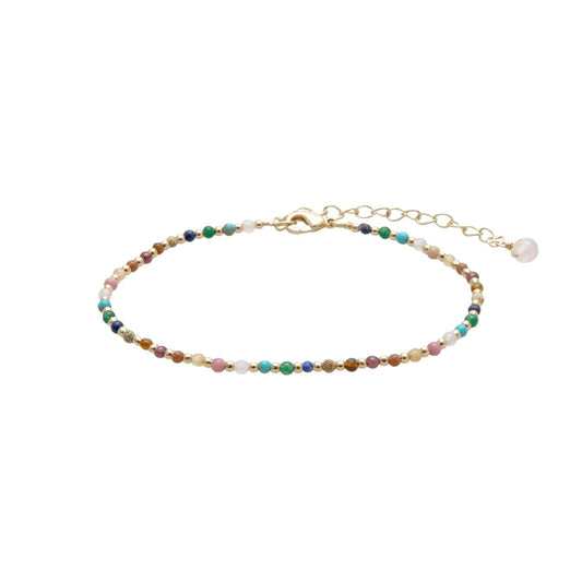 Lotus and Luna 2MM Master Healer Energy Chakra Healing Dainty Anklet with Real Stones Jade, Pearl, Rose Quartz, Amethyst, Moonstone (Yellow Gold)