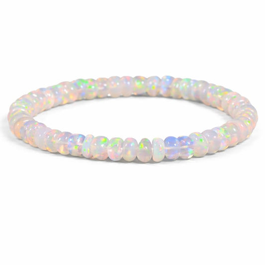 Natural Ethiopian Opal Stretchable Bracelet, Welo Fire, Smooth Beads Bracelet, Rondelle Shape, Milky White with Play-of-Color, 5 Inch