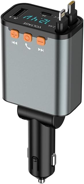 50W MP3 12V/24V PD Car Charger with Bluetooth FM, Retractable Type-C & Lightning Cables, Hands-Free Calling Kit, USB