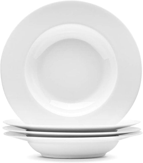 Artena Pasta Bowls Set of 4 - Elegant White Porcelain Bowls | Wide Rim Design, Microwave & Dishwasher Safe