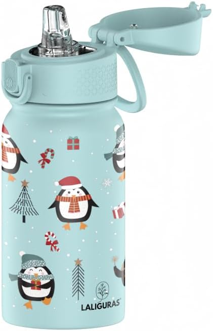Skiennix Kids Stainless Steel Water Bottle - 12 oz Insulated Thermos with Straw Lid | Leakproof BPA-Free (Light Blue Arctic Pals)