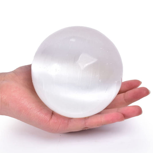 JIC Gem 3.5-4 Inch(90-100mm) Selenite Crystal Sphere with Wooden Stand Healing Crystal Ball for Meditation, Home Decoration