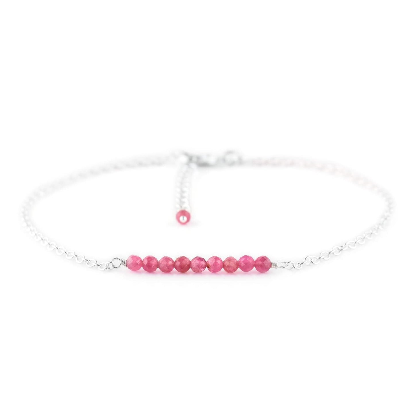 YANARA Pink Tourmaline Ankle Bracelet for Women Jewelry, Natural Birthstone, Gemstone Beads, Handmade Dainty Anklet 9"+1.25" inch, 3mm Rounds, Chakra Energy Crystals, Silver Plated Chain