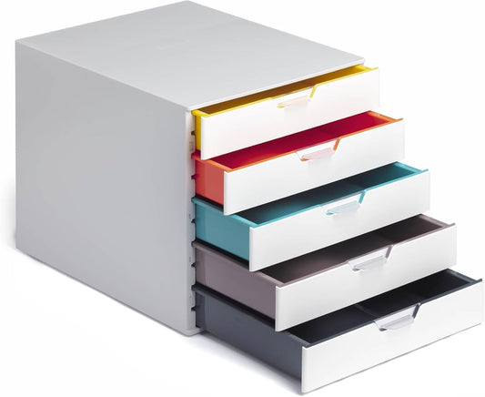 Durable Varicolor 5 Drawer Unit - White Desktop Drawer Set with 5 Color Coded Draws - Letter to Folio Size Files - Perfect for Storing Documents and Paper Work