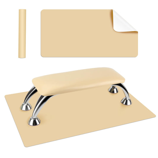 Arm Rest for Nails Tech with Table Mat for Salons and Home Manicures, Soft Microfiber Leather Nail Hand Rest for Relaxing Arms, Non-slip Height Hand Pillow Cushion Nail Salon Manicure (Beige)