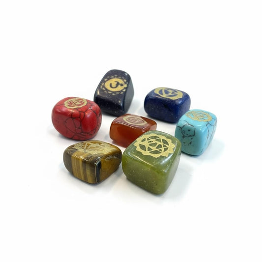 7 Chakra Engraved Crystal Healing Stones Set, Natural Gemstone Meditation Stones with Sacred Symbols, Multicolor Carved Quartz Crystals for Spiritual Balance (Square)