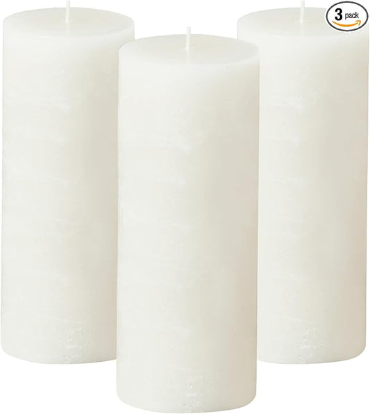 Simply Soson 3x8 inch White Pillar Candles Set of 3, Rustic Texture, Unscented White Candles, Dripless Candles, 3 inch Pillar Candles Ideal as Wedding, Parties, Spas, Dinner, Home Decoration, Church