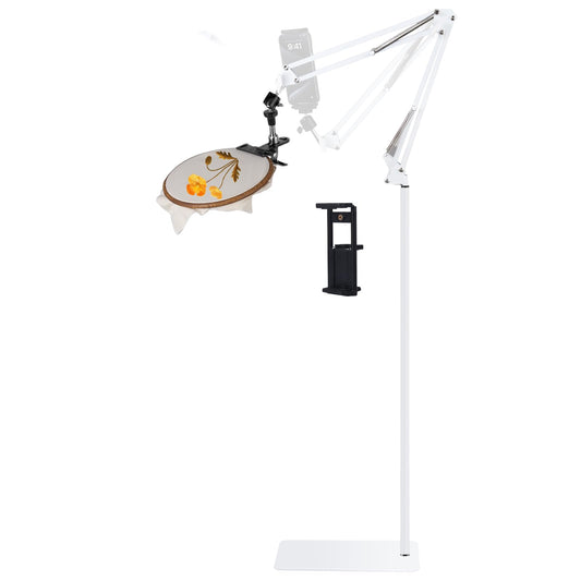 Adjustable Embroidery Hoops Stand for Hand Work,Cross Stitch Frame with 360° Rotation, Hands-Free Stitching,3-in-1 Hoop/Tablet/Phone Holder Floor Stand,White