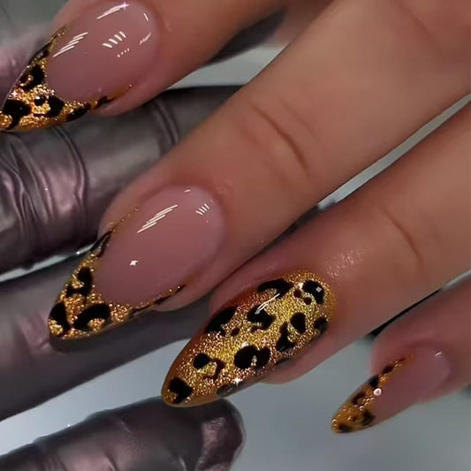 Almond Press on Nails Gold French Tip with Leopard Print Design - Glue on Glitter Glossy Full Cover Stick on Winter Acrylic Press ons for Women Manicure 24Pcs