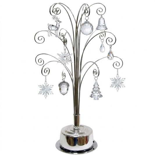 HOHIYA 360° Rotating Ornament Display Stand 15 Hooks Tabletop Christmas Tree Ornament Holder Metal Hanging Display Rack for Crystal Glass Baubles Jewelry and Home Decor Chrome Silver