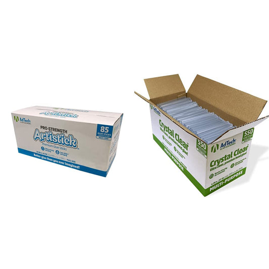Adtech Hot Glue Sticks, White & Clear, 85 Full Size (10" x 0.44") & 550 Mini Size (4" x 0.28"), Crystal Clear, Multi-Temp, Versatile Material Bonding, Craft, Art, School, Repair, Woodworking