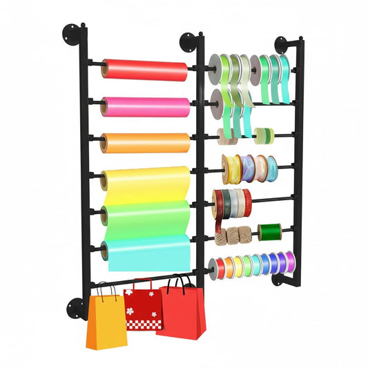 Xbsyhx 7-Tier Double Row Metal Ribbon Organizer Wall Mount, 14 Removable Rods Large Capacity Storage Holder Rack, Heavy Duty Craft Room Organization for Flower Shop DIY Yarn Gift - Black