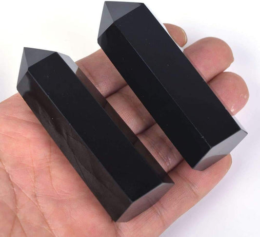 Angelstones Natural Black Obsidian Gemstone Healing Crystal Hexagonal Pointed Reiki Chakra Faceted Prism Wand Carved Stone Figurine Home Decor